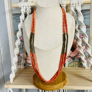 Vintage Tribal Dyed Bone Beaded Necklace‎ Coral pink with Brass Accents Ethnic